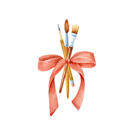 Isolated illustration with handmade artistic materials, brushes, paints, pencils, watercolorselements on a white background. All elements are hand painted in watercolor.の写真素材