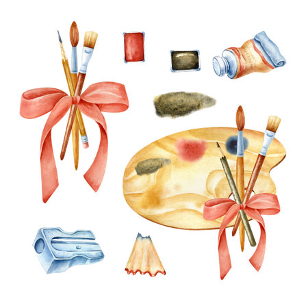 Isolated illustration with handmade artistic materials, brushes, paints, pencils, watercolorselements on a white background. All elements are hand painted in watercolor.の写真素材