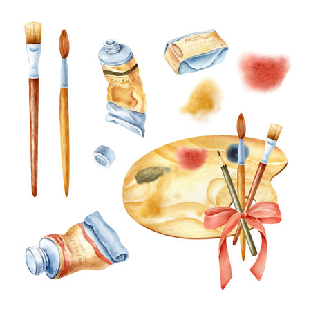 Isolated illustration with handmade artistic materials, brushes, paints, pencils, watercolorselements on a white background. All elements are hand painted in watercolor.の写真素材