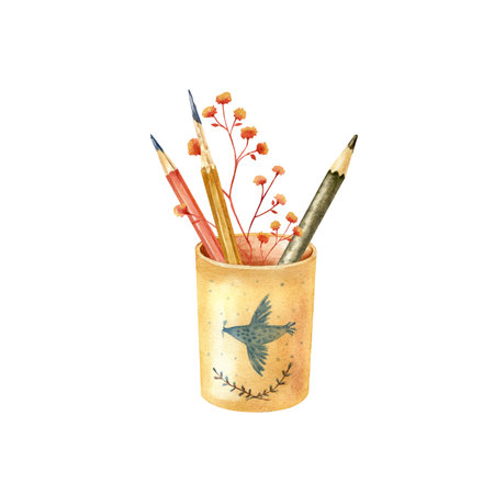 Isolated illustration with handmade artistic materials, brushes, paints, pencils, watercolorselements on a white background. All elements are hand painted in watercolor.の写真素材