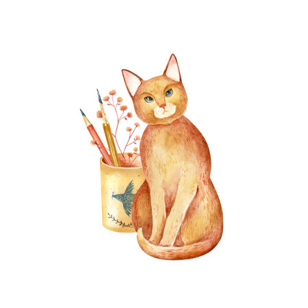Isolated illustration with handmade artistic materials, cat, paints, pencils, watercolorselements on a white background.の写真素材