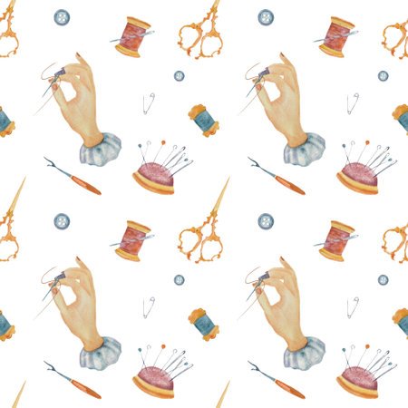 Isolated illustration with handmade toys elements on a white background. threads, needles, scissors. All elements are hand painted in watercolorの写真素材