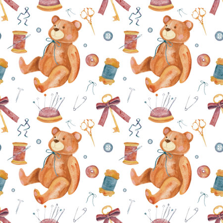 Isolated illustration with handmade toys elements on a white background. bear, threads, needles, scissors. All elements are hand painted in watercolorの写真素材