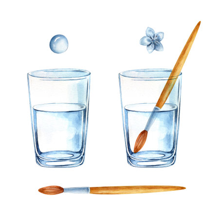 Isolated illustrations are hand painted in watercolor: brush in glass, glass, brush on a white background.の写真素材