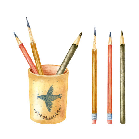 Isolated illustrations are hand painted in watercolor: art materials,pencil, glass, of paints on a white background.の写真素材