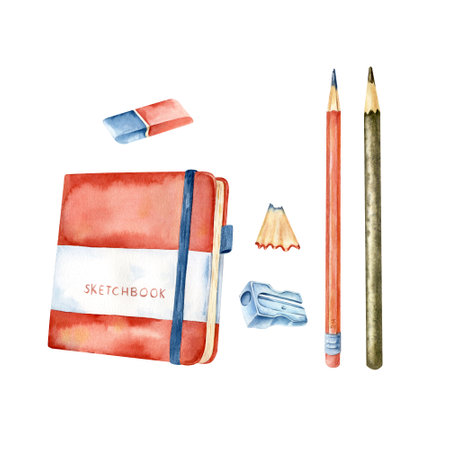 sketchbook, pencils, eraser, sharpenerare hand painted in watercolor: art materials,pencil, glass, of paints on a white background.の写真素材