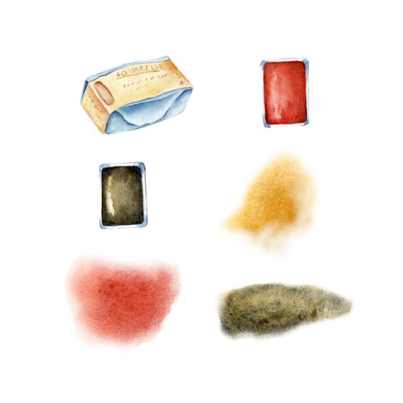 Isolated illustrations are watercolor:art materials, paints, watercolors, cuvettes of paints on a white background.の写真素材