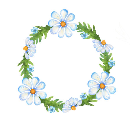 Watercolor wreath of cute daisy flowers for invitations and cards on a white backgroundの写真素材