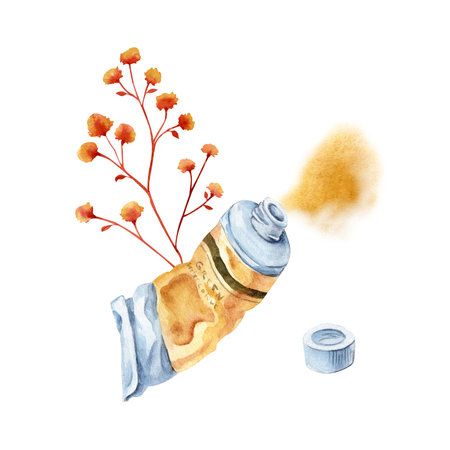 Composition of watercolor illustrations: art materials, paints, watercolors, tubes, ditches of paints on a white background.の写真素材