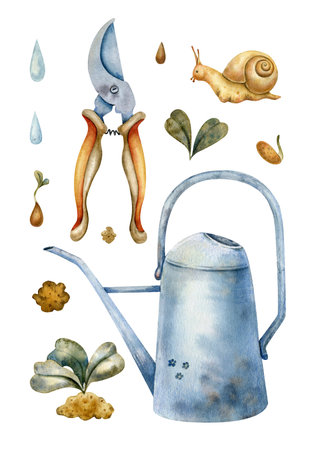 Watercolor set with gardening tools. Gardening work, watering can, soil, rake, pruning shears, pot, plants, seeds and insects isolated on a white background. Hand drawn.の写真素材