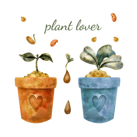 Set of watercolor elements for gardening and horticulture isolated on a white background. Flower pots, seedlings, garden tools. Design elements for creating patterns, postcards, stationery, etc.の写真素材