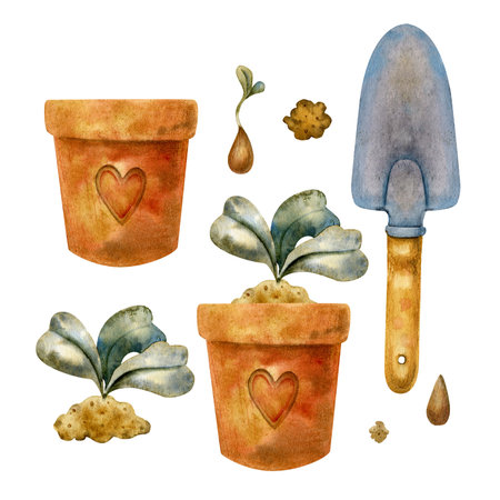 Set of watercolor elements for gardening and horticulture isolated on a white background. Flower pots, seedlings, garden tools. Design elements for creating patterns, postcards, stationery, etc.の写真素材