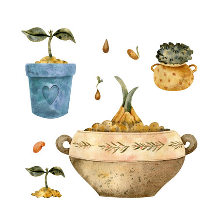 Set of watercolor elements for farming, floriculture and gardening isolated on a white background. Flower pots, seedlings, garden tools. Design elements for creating fabrics, cards, stationery, etc.の写真素材