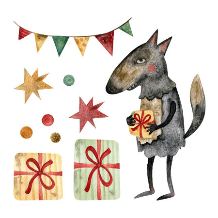 Set of holiday watercolor isolated illustrations, birthday party elements. Birthday, holiday, New Year, congratulations, garlands, gifts, wolf.の写真素材