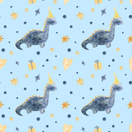 Seamless pattern Happy Birthday. Dinosaurs for gift paper, wrapping paper, fabric, wallpaper, background. Watercolor isolated illustration for children.の写真素材