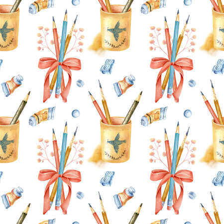 Back to school seamless pattern. Hand drawn background with school supplies and art materials. Watercolor illustration of art materials and school suppliesの写真素材
