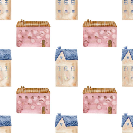 Cute childrens pattern with houses watercolor illustration. Childrens illustration with houses. For souvenirs and gift paper.の写真素材