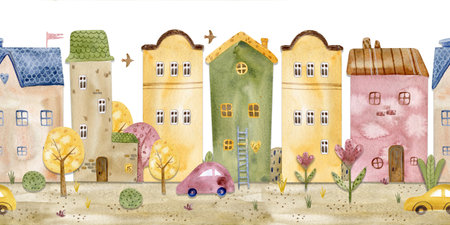 Architectural seamless border pattern on a white background. Cute watercolor buildings and trees. Panorama of fairytale houses, old town streets. Trendy scandinavian backgroundの写真素材