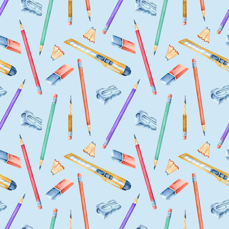 Pattern with stationery, colored pencils. Back to school. Seamless pattern with watercolor illustrations of pencils, school, study, university, class.の写真素材