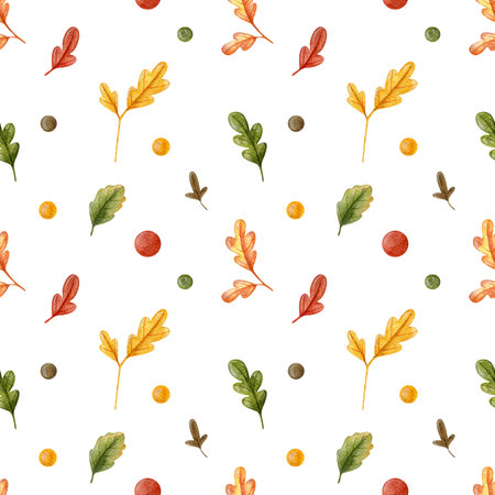 Autumn leaves pattern, watercolor illustration. Falling leaf seamless background with Oak in cartoon style. Autumn mood forest print for textile or wrapping paper.の写真素材