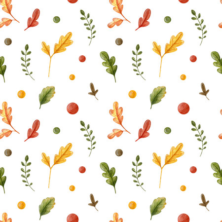 Autumn leaves pattern, watercolor illustration. Falling leaf seamless background with Oak in cartoon style. Autumn mood forest print for textile or wrapping paper.の写真素材