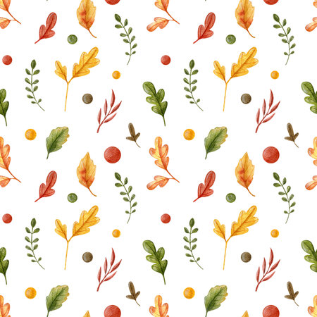 Autumn leaves pattern, watercolor illustration. Falling leaf seamless background with Oak in cartoon style. Autumn mood forest print for textile or wrapping paper.の写真素材