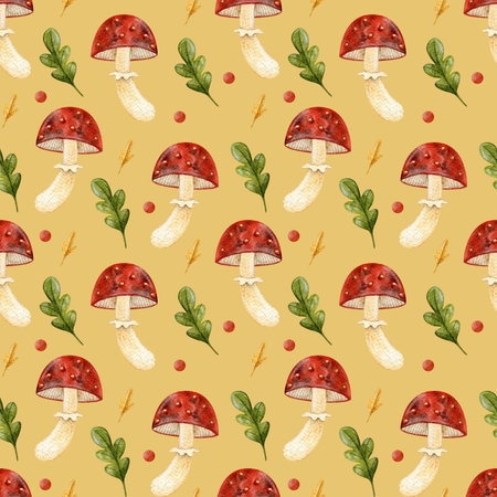 Forest watercolor pattern. Cute pattern with fly agarics. Ideal for greeting card, fall decor. Hand drawn watercolor images in cartoon style. Halloween decor.の写真素材