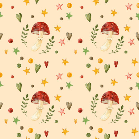 Forest watercolor pattern. Cute pattern with fly agarics. Ideal for greeting card, fall decor. Hand drawn watercolor images in cartoon style. Halloween decor.の写真素材