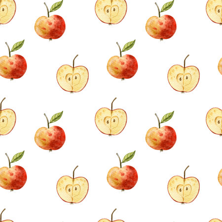 Seamless pattern with apple fruit and leaves. Watercolor hand drawn illustration. Apple fruit backgroundの写真素材