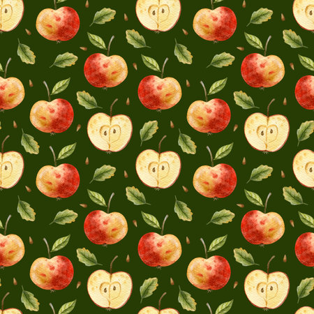 Seamless pattern with apple fruit and leaves. Watercolor hand drawn illustration. Apple fruit backgroundの写真素材