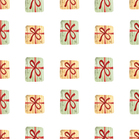 Pattern for New Year, Christmas, Birthday and other holidays. Christmas seamless pattern with gift boxes on white background. New year watercolor design. Wrapping paper for Christmas gift boxes.の写真素材