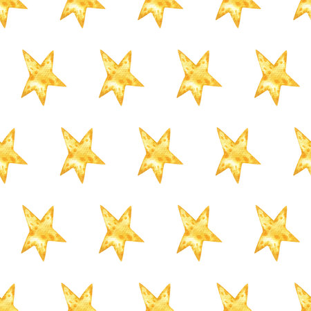 Seamless pattern with yellow stars, watercolor illustration. Stars on a white background. Cosmic, astronomical pattern, magical ornament. Good for fabric, textile, pajama, linen, wallpaper, backgroundの写真素材