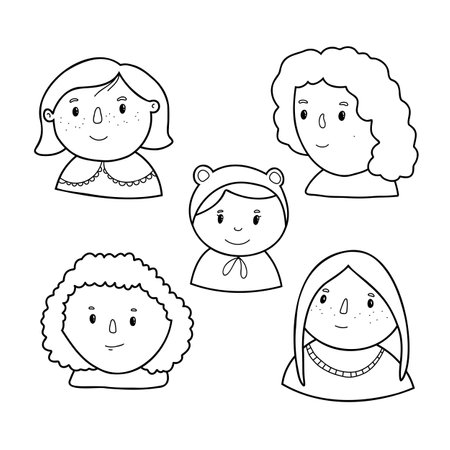 Set of icons of girls, teenagers. Female face various types signs thin line Icon set Include of avatar user, portrait or person head. Vector illustration of iconsのイラスト素材