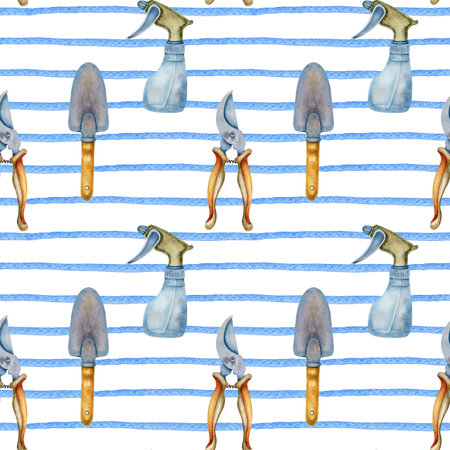 Seamless watercolor pattern with gardening tools, seeds, and sprouts on blue striped background. Perfect for fabric, packaging, and prints. Hand-painted rustic design for gardening lovers.の写真素材