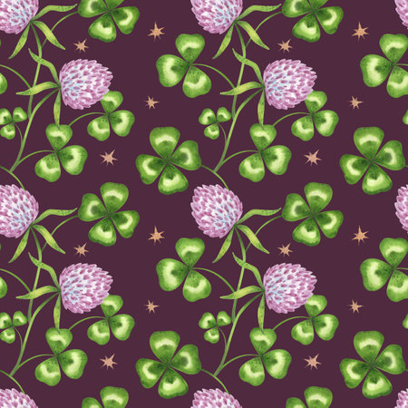 Seamless watercolor pattern with clover leaves, pink flowers, and golden stars on a deep violet...