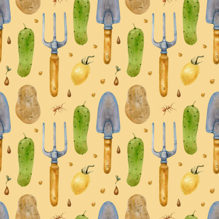 Seamless watercolor gardening pattern with vegetables, tools, and seeds on a beige background. Includes cucumber, potato, onion, fork, and shovel. Ideal for fabric, packaging, and digital projects.の写真素材