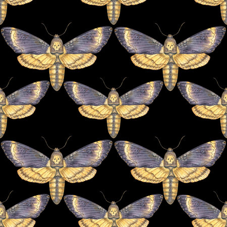 Seamless watercolor pattern featuring deaths-head hawkmoth butterflies on a dark background. Perfect for textiles, wallpapers, gothic decor, and mystical designs.の写真素材