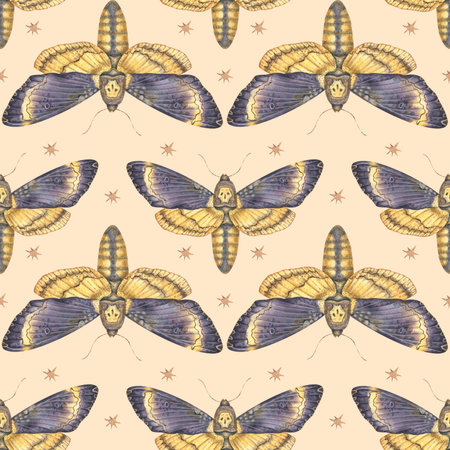 Seamless watercolor pattern featuring deaths-head hawkmoth butterflies with golden stars on a beige background. Perfect for textiles, wallpapers, gothic decor, and mystical designs.の写真素材