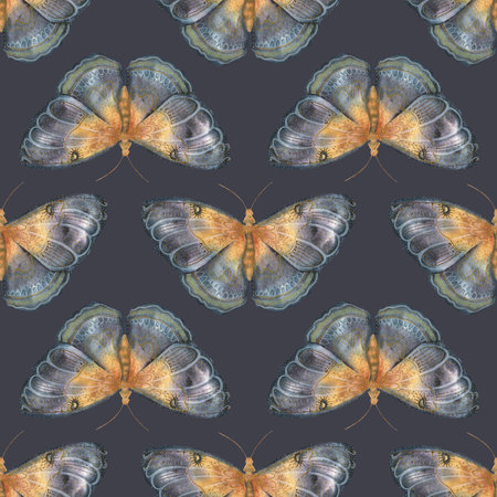 Watercolor seamless pattern featuring mystical butterflies with celestial and vintage details. Hand-painted in soft blue, gold, and naturale tones. The wings have subtle golden accents.の写真素材