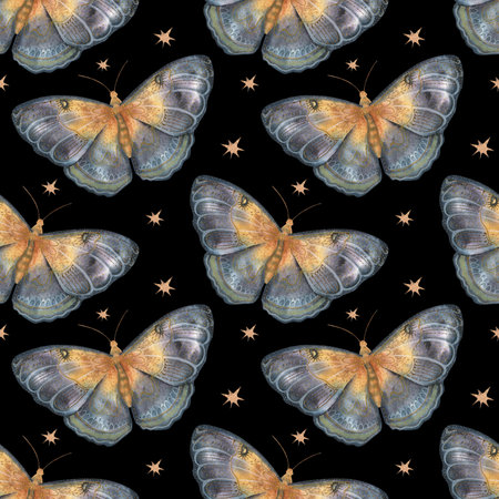Seamless watercolor pattern with mystical butterflies and stars on a black background. Elegant, vintage, and celestial, perfect for fabric, wallpaper, packaging, and digital designs.の写真素材