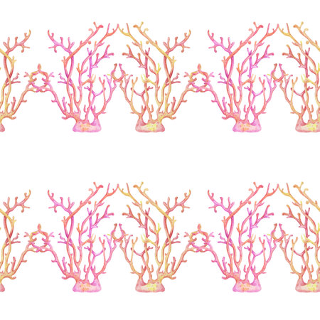 Seamless watercolor pattern with Pink Ocean Coral branch on white background. Abstract floral texture. Perfect for design templates, wallpaper, wrapping, fabric and textile.の写真素材