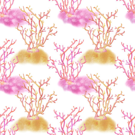 Seamless watercolor pattern with Pink and orange Ocean Coral on white background. Coral reef. Abstract floral texture.Perfect for design templates, wallpaper, wrapping, fabric and textile.の写真素材