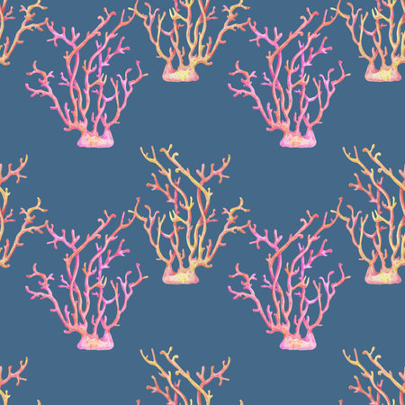 Seamless watercolor pattern of coral reef elements, pink and orange coral and sea stones on a blue background. Bright marine pattern. Perfect for marine designs, fabrics, and packaging.の写真素材