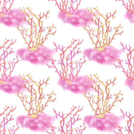 Seamless watercolor pattern with Pink Ocean Coral branch on white background. Abstract floral texture. Perfect for design templates, wallpaper, wrapping, fabric and textile.の写真素材