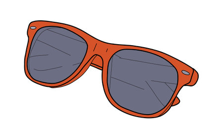 Vector illustration of red sunglasses with dark lenses. A stylish summer accessory in cartoon style. Isolated on white. Great for fashion, vacation, and seasonal designs.のイラスト素材