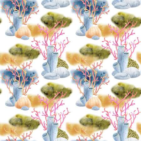 Seamless watercolor pattern with coral reef elements: anemones, sponges, corals, and seashells. Bright marine background for fabrics, wallpapers, and summer-themed design projects.の写真素材