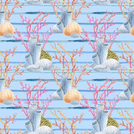 Watercolor seamless pattern with elements of coral reef and sea anemones on sea stripes. Marine striped pattern, summer design. Ideal for summer textiles, wallpapers and beach themes. High quality illustrationの写真素材