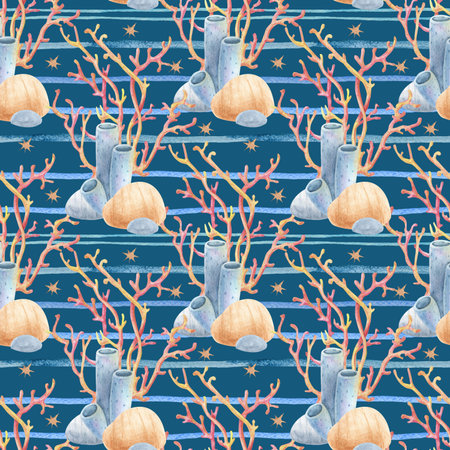 Watercolor seamless pattern with coral reef and sea anemones on sea stripes. Marine striped pattern, summer design. Ideal for summer textiles, wallpapers and beach themes.の写真素材
