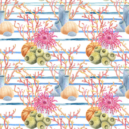 Watercolor seamless pattern with elements of coral reef and sea anemones on sea stripes. Marine striped pattern, summer design. Ideal for summer textiles, wallpapers and beach themes. High quality illustrationの写真素材