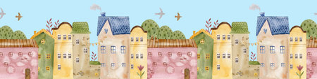 Charming seamless watercolor pattern with cozy village houses, trees, and birds on a blue sky background. Architectural seamless border pattern. Perfect for kids designs, textiles, and nursery decorの写真素材